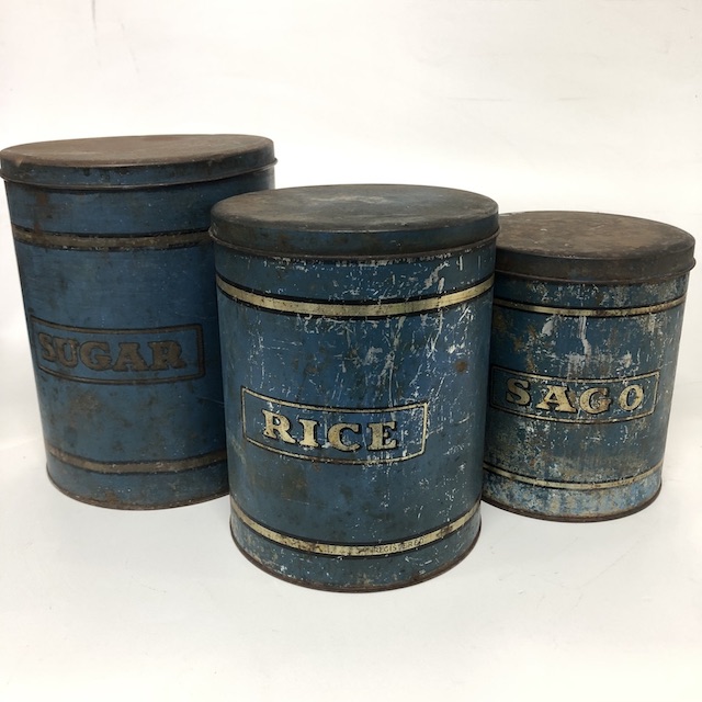 CANNISTER SET, Vintage Blue Metal w Gold Label (Set of 3)